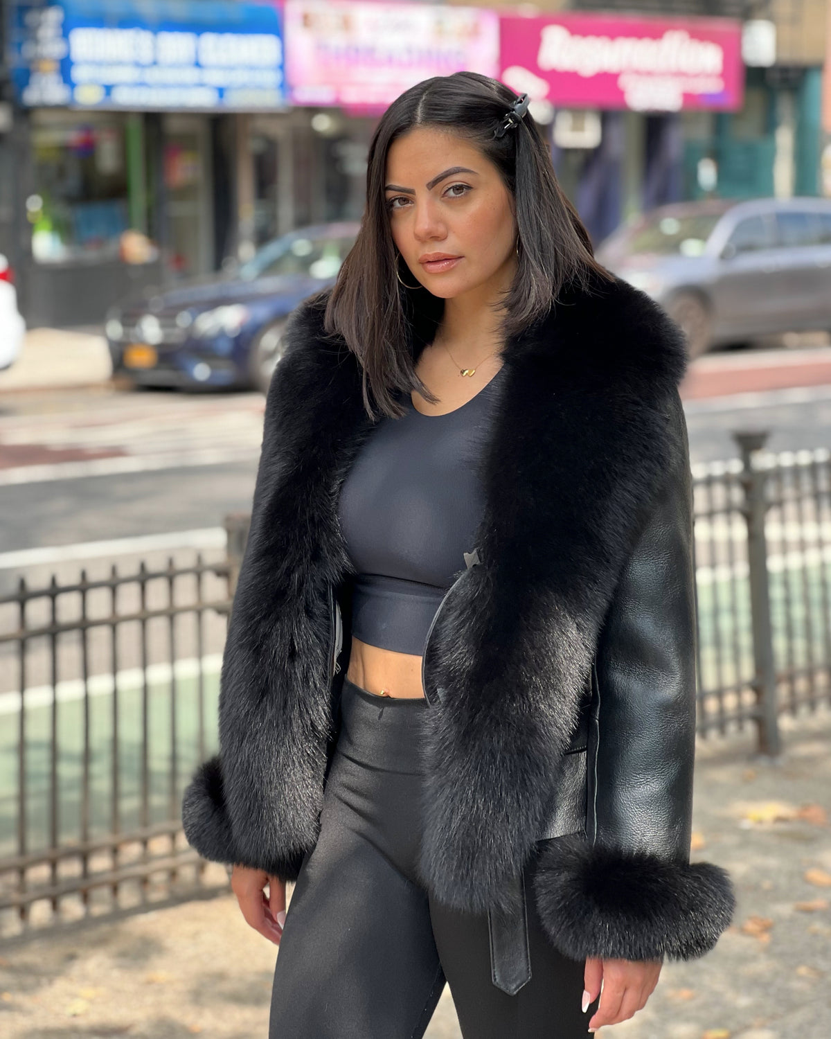 WOMEN SHEARLING- BLACK WAIST LENGTH WITH BLACK FUR FOX