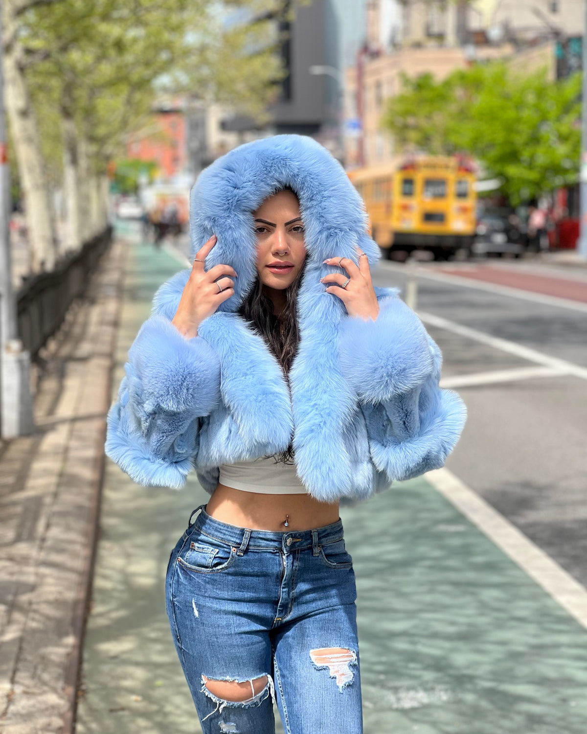 WOMEN -  BABY BLUE FOX BOMBER WITH HOOD