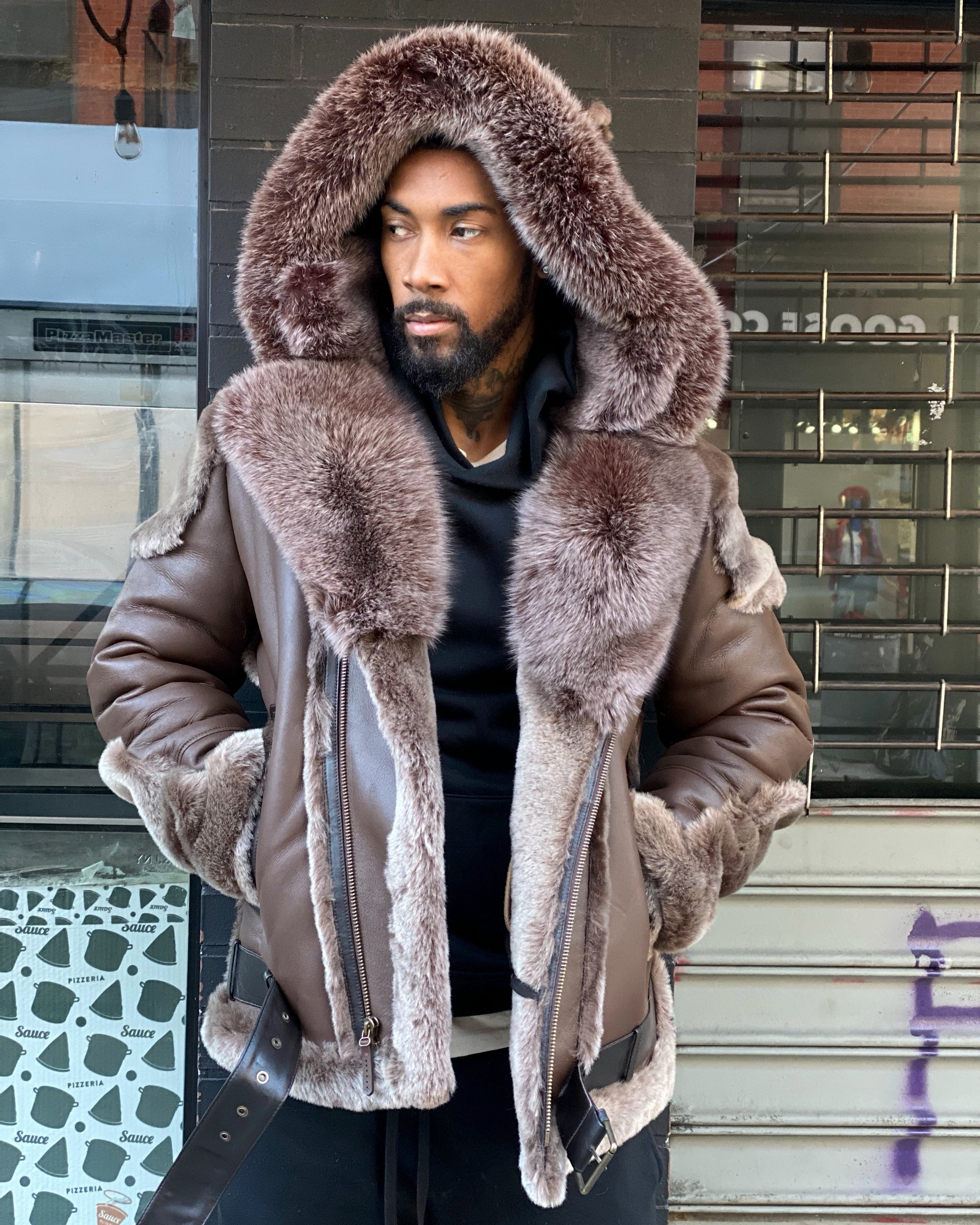 MEN SHEARLING- BROWN BIKER STYLE WITH BROWN FOX FUR & HOOD