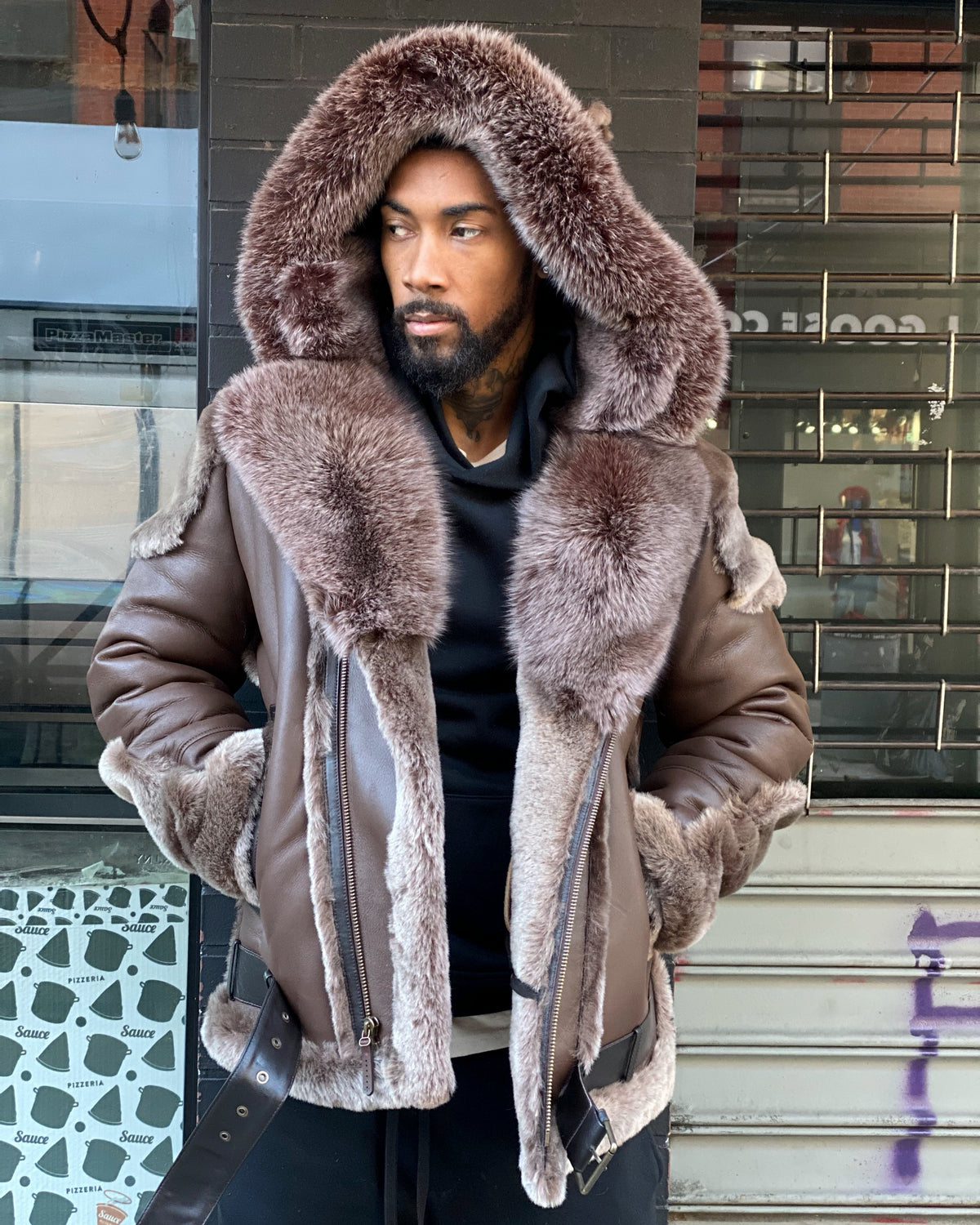 MEN SHEARLING- BROWN BIKER STYLE WITH BROWN FOX FUR & HOOD