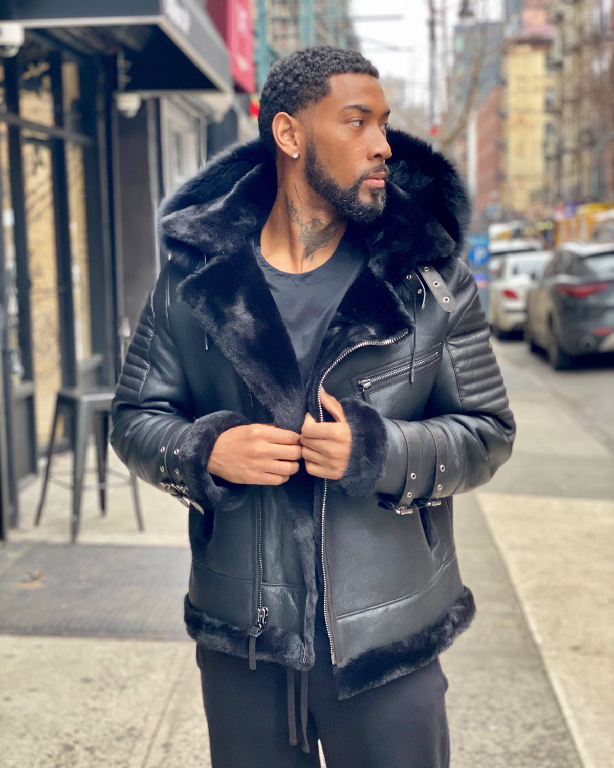 MEN SHEARLING-  BLACK RIBBLES SHEARLING WITH FOX HOOD