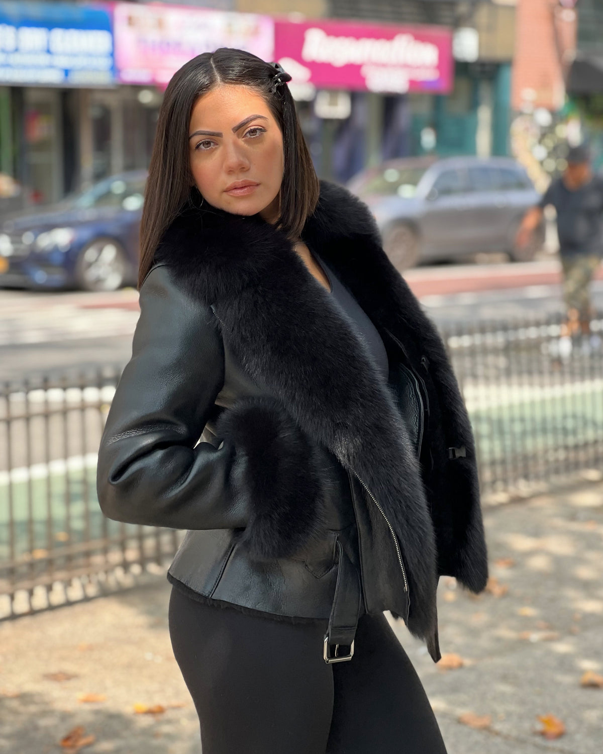 WOMEN SHEARLING- BLACK WAIST LENGTH WITH BLACK FUR FOX
