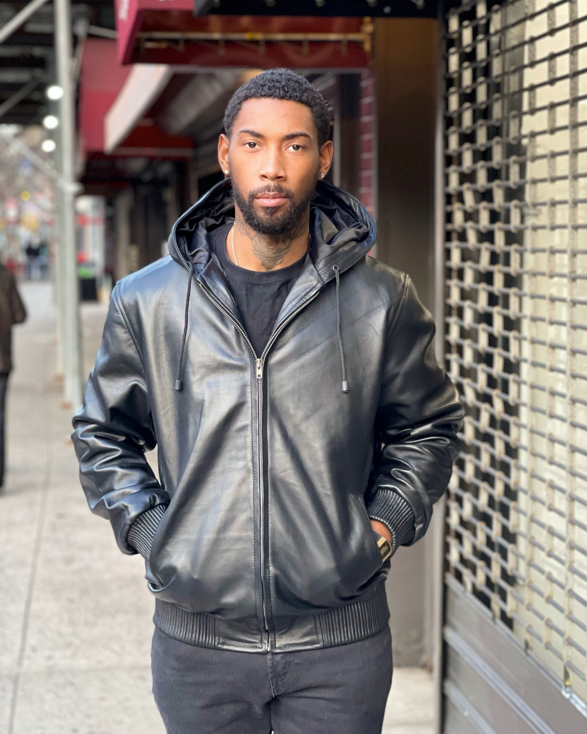 MEN LEATHER HOODIE- BLACK