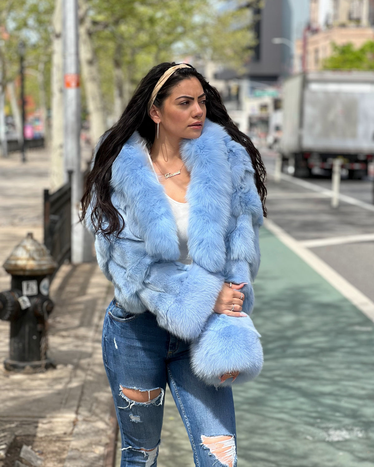 WOMEN -  BABY BLUE FOX BOMBER WITH HOOD