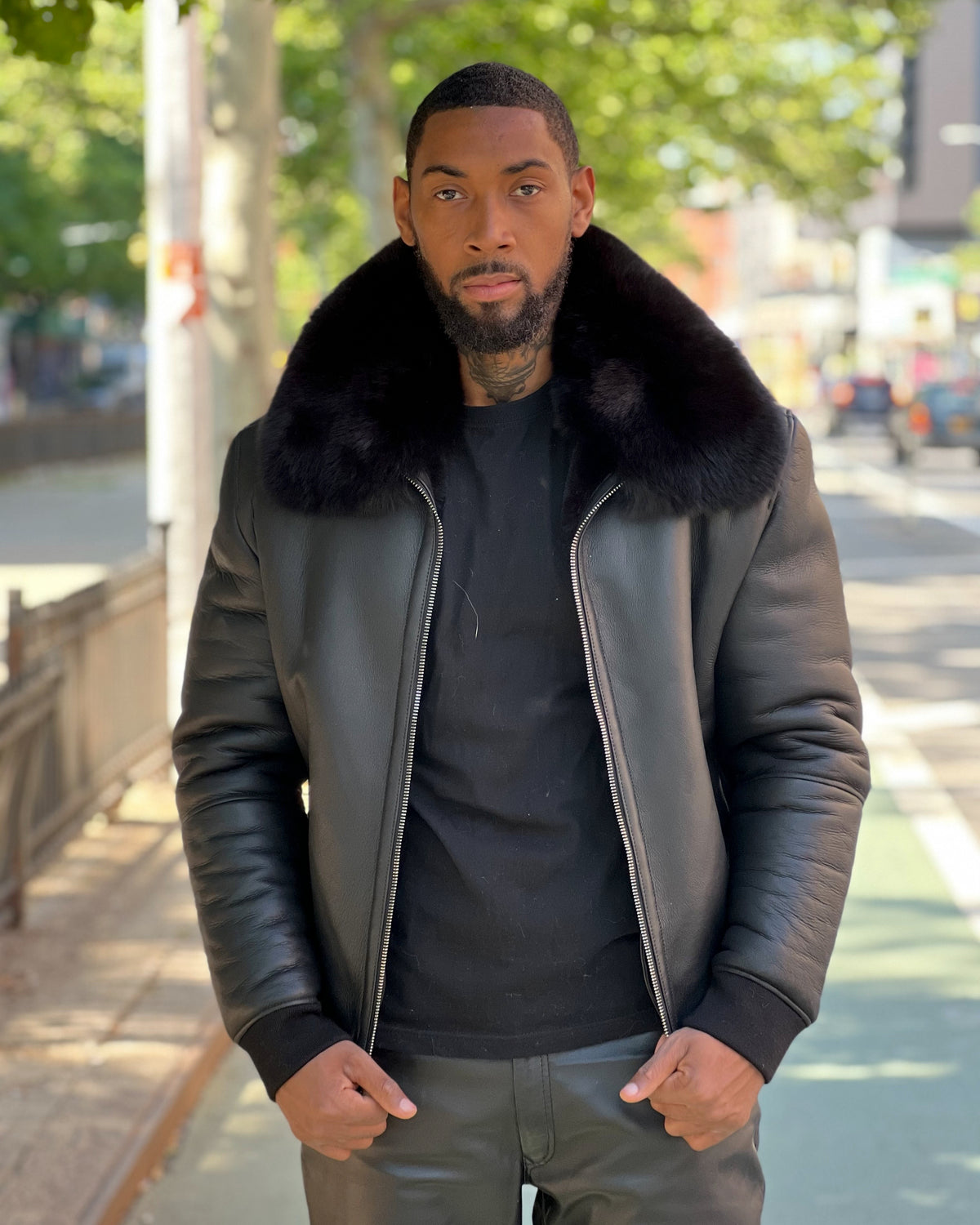 MEN SHEARLING- BLACK BASEBALL STYLE BOMBER WITH FOX FUR