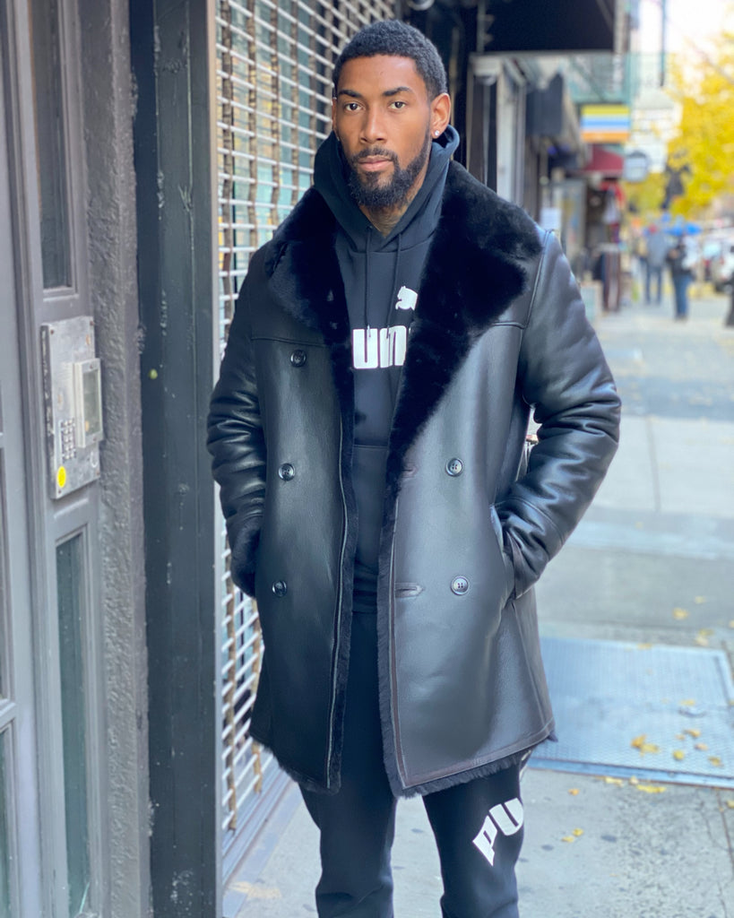 MEN SHEARLING- BLACK 3/4 PEACOAT STYLE – DaRucci Leather