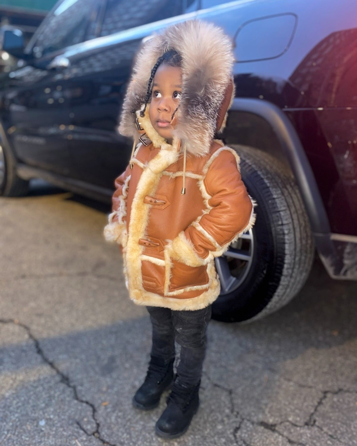 KIDS- COGNAC 3/4 SHEARLING WITH CRYSTAL FOX FUR HOOD