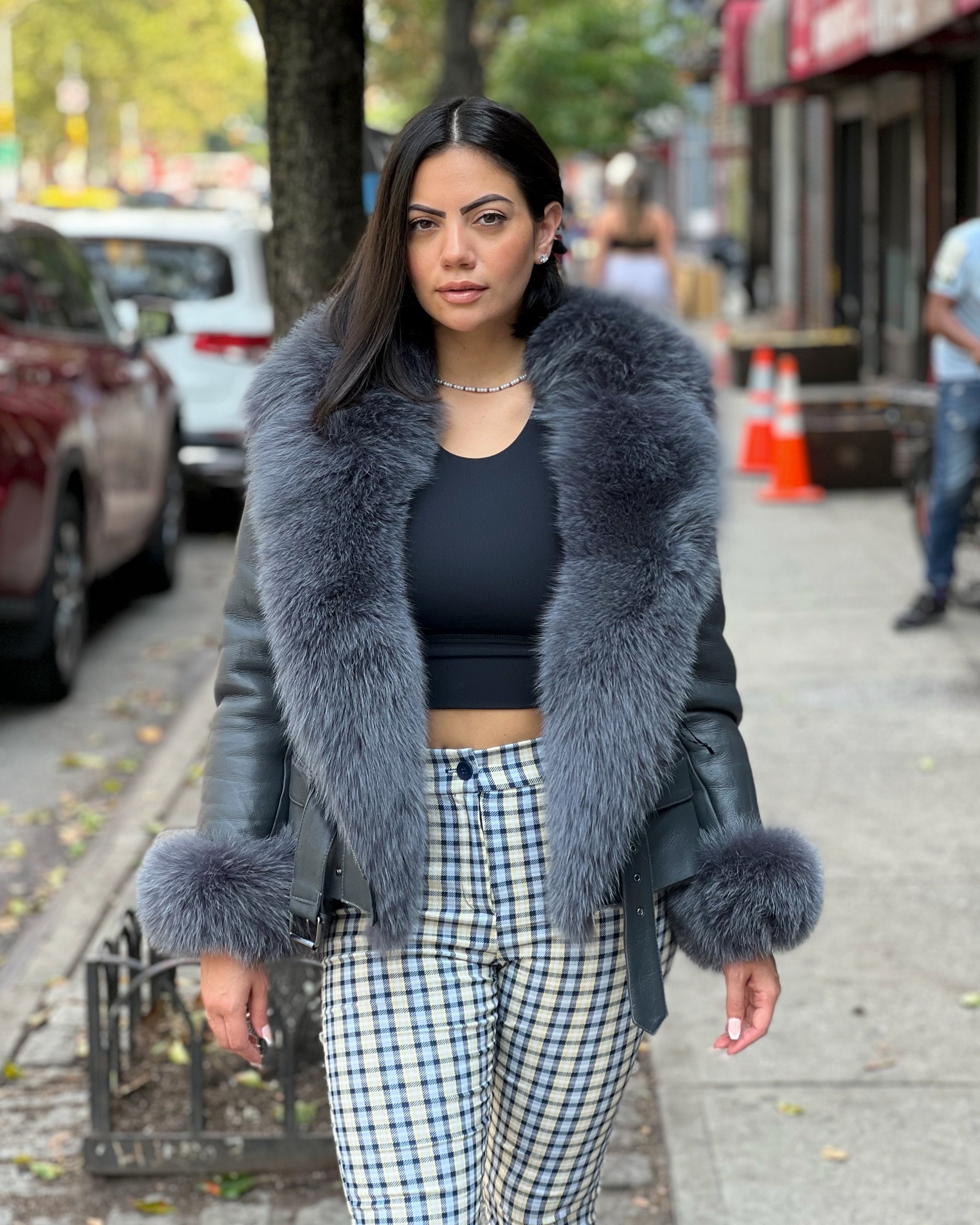 WOMEN SHEARLING- GREY WAIST LENGTH WITH GREY FUR FOX – DaRucci Leather