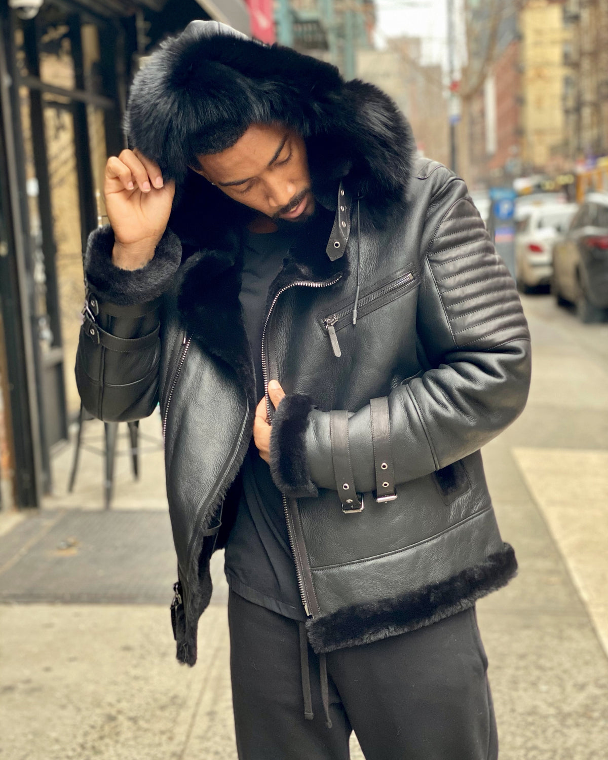 MEN SHEARLING-  BLACK RIBBLES SHEARLING WITH FOX HOOD