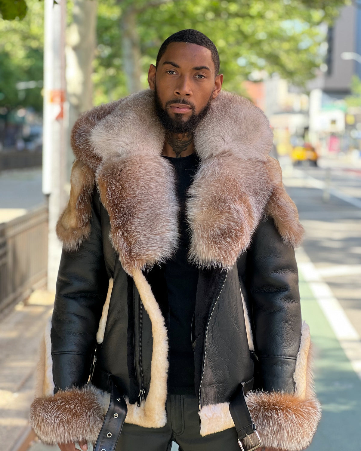 MEN SHEARLING TWO TONE- BLACK/BEIGE WITH CRYSTAL FOX FUR & HOOD