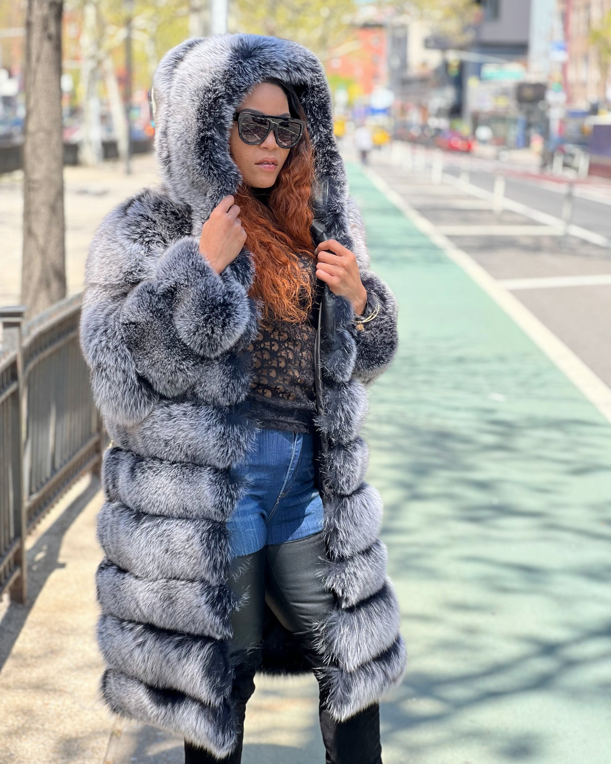 WOMEN -  3/4 BLACK & GREY FOX FUR WITH HOOD