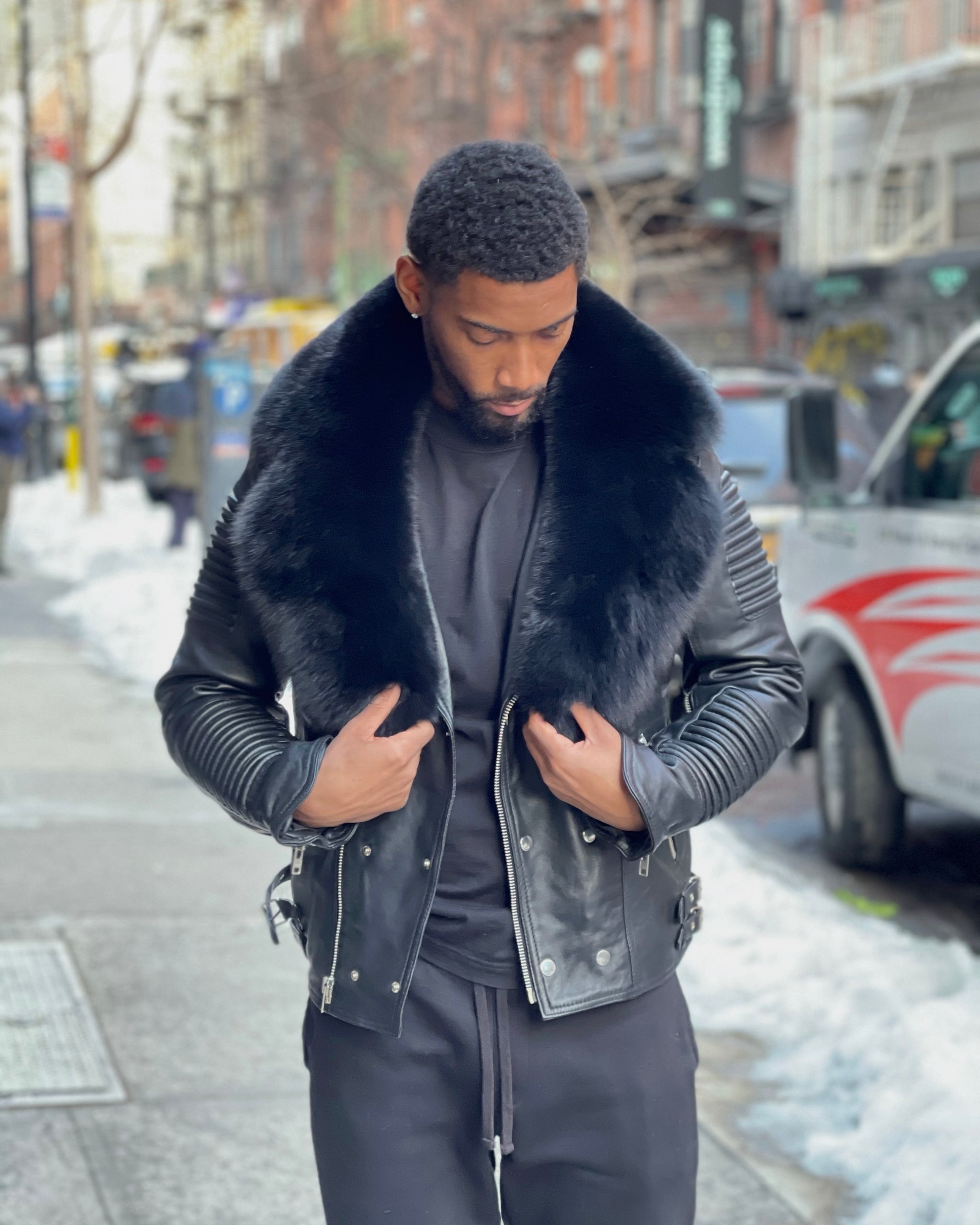 マスキュロ　ライダース　リアルファー　MASCULO MEN BLACK- BIKER RIBBLES WITH BLACK FOX FUR – DaRucci Leather
