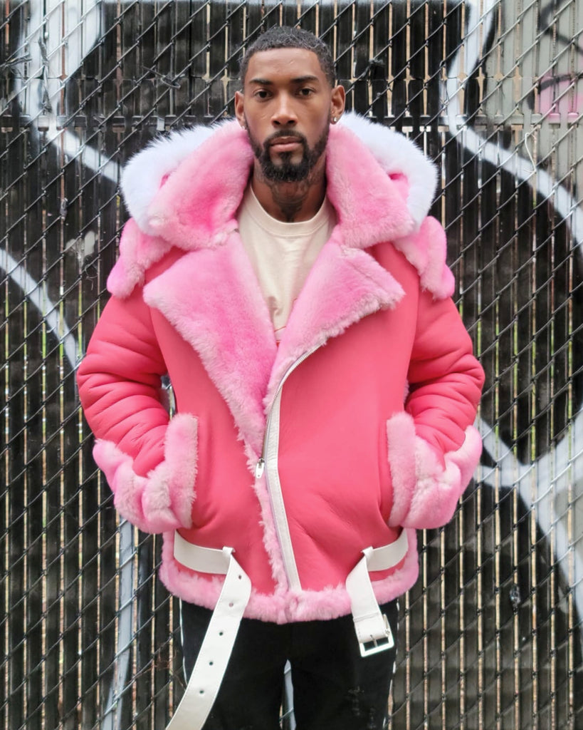 MEN SHEARLING- CAMRON PINK BIKER STYLE WITH WHITE FOX HOOD – DaRucci Leather