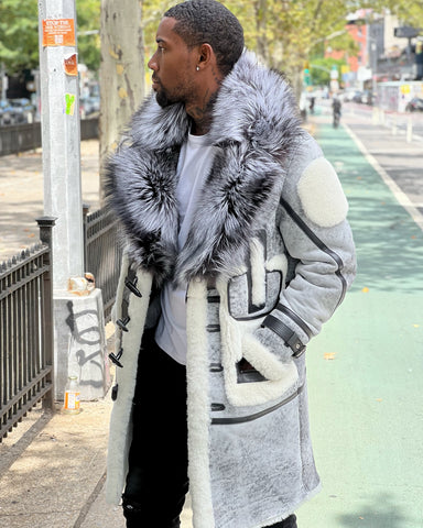 MEN SHEARLING- DISTRESSED GREY 3/4 WITH SLIVER FOX NO HOOD