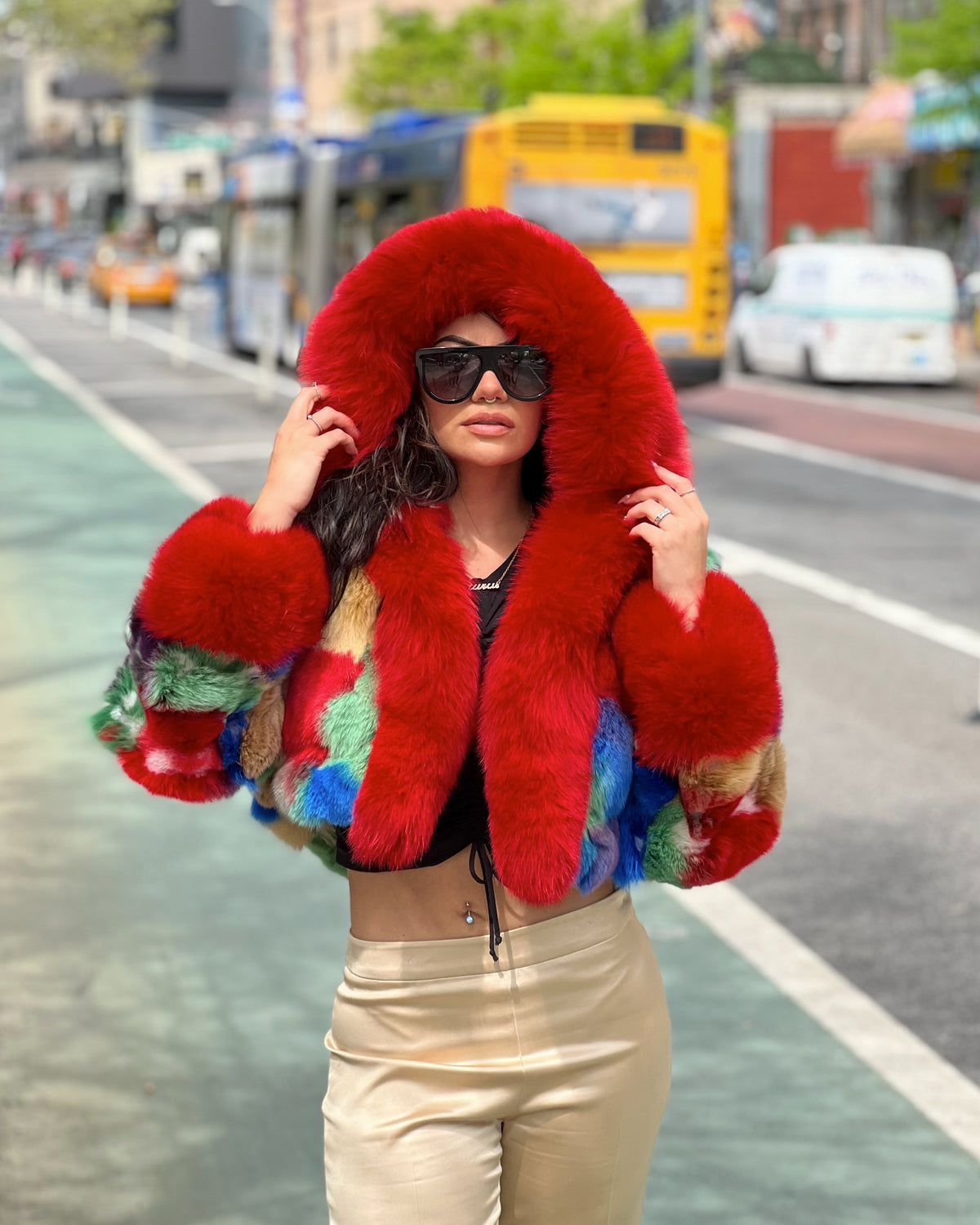 WOMEN -  MULTI COLOR FOX BOMBER WITH HOOD