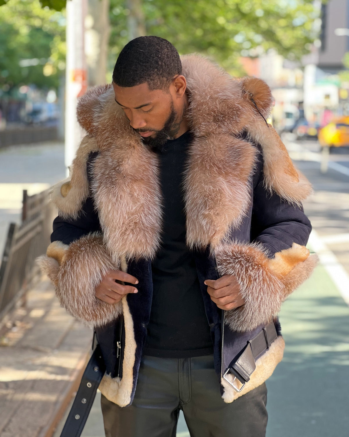 MEN SHEARLING TWO TONE- NAVY BLUE/BEIGE WITH CRYSTAL FOX FUR & HOOD