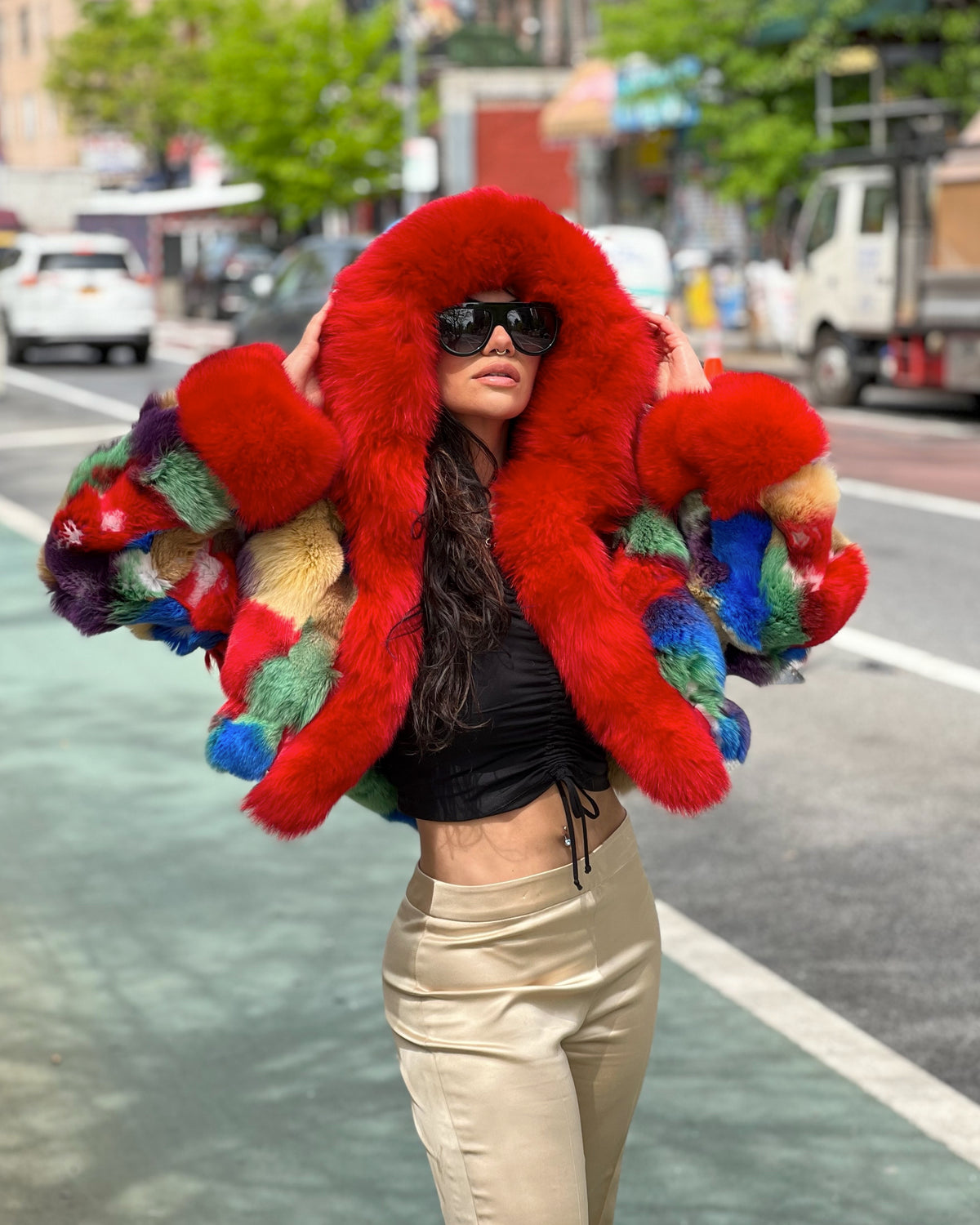 WOMEN -  MULTI COLOR FOX BOMBER WITH HOOD