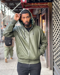 MEN LEATHER HOODIE- OLIVE GREEN