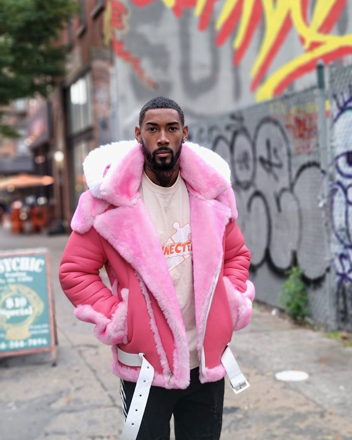 MEN SHEARLING- CAMRON PINK BIKER STYLE WITH WHITE FOX HOOD