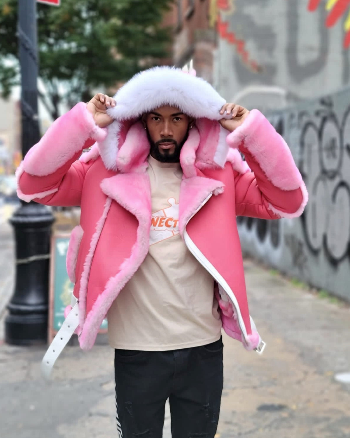 MEN SHEARLING- CAMRON PINK BIKER STYLE WITH WHITE FOX HOOD