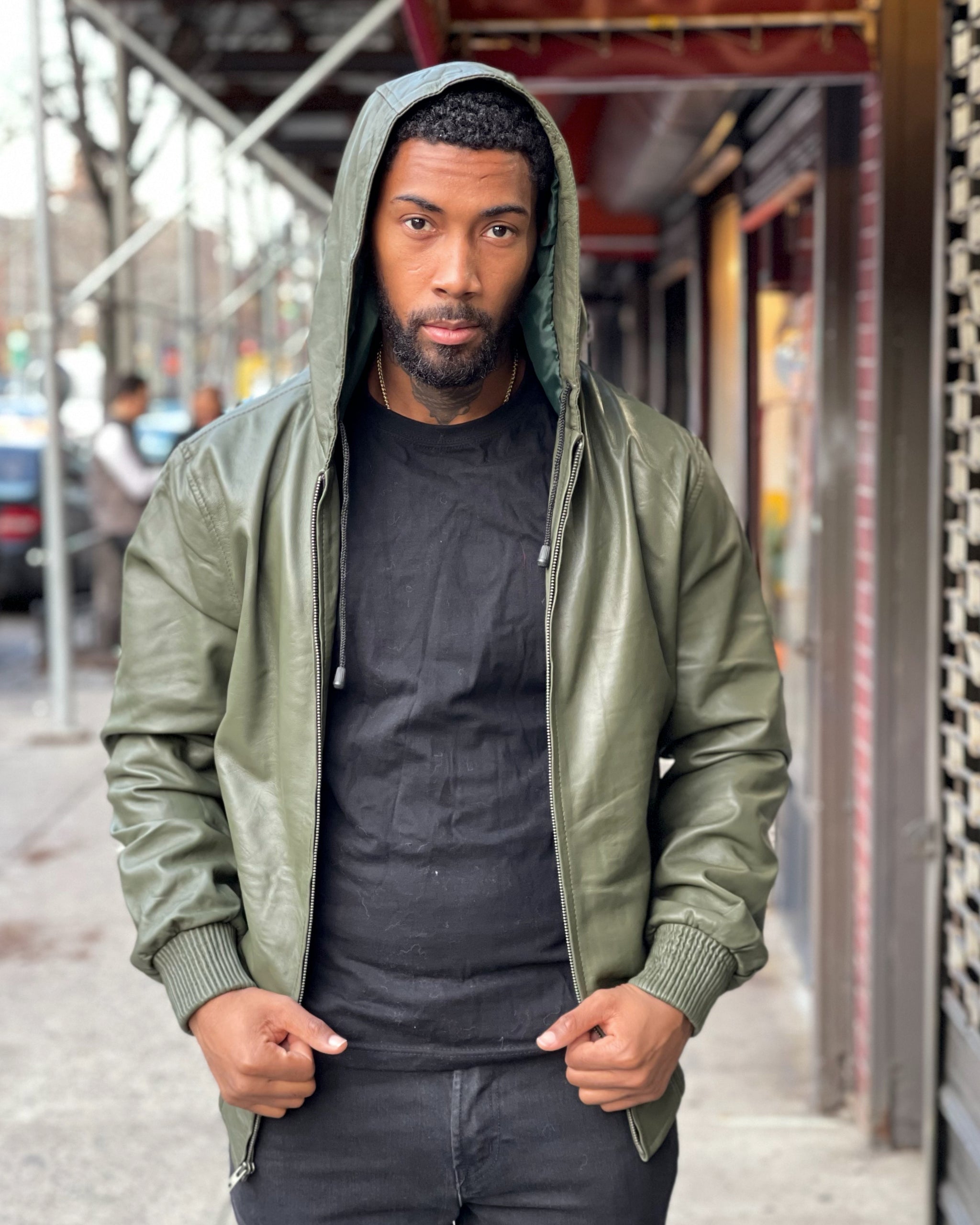 MEN LEATHER HOODIE- OLIVE GREEN – DaRucci Leather