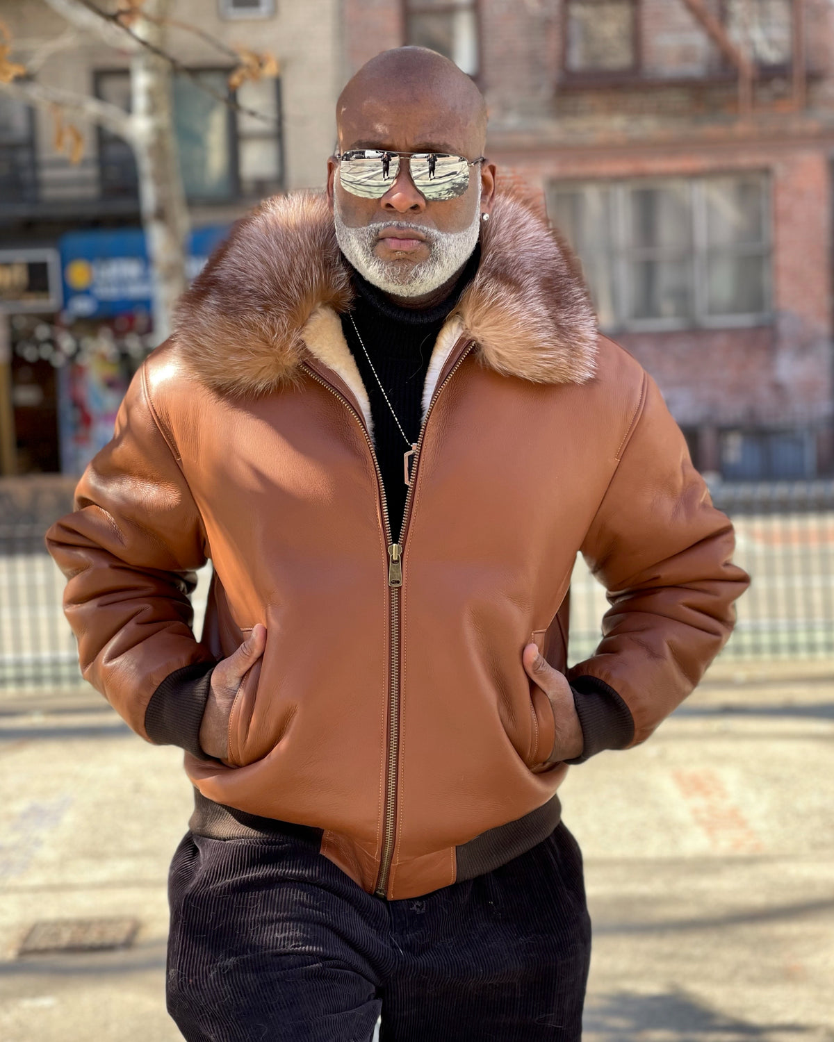 MEN SHEARLING- COGNAC BASEBALL STYLE BOMBER WITH FOX FUR