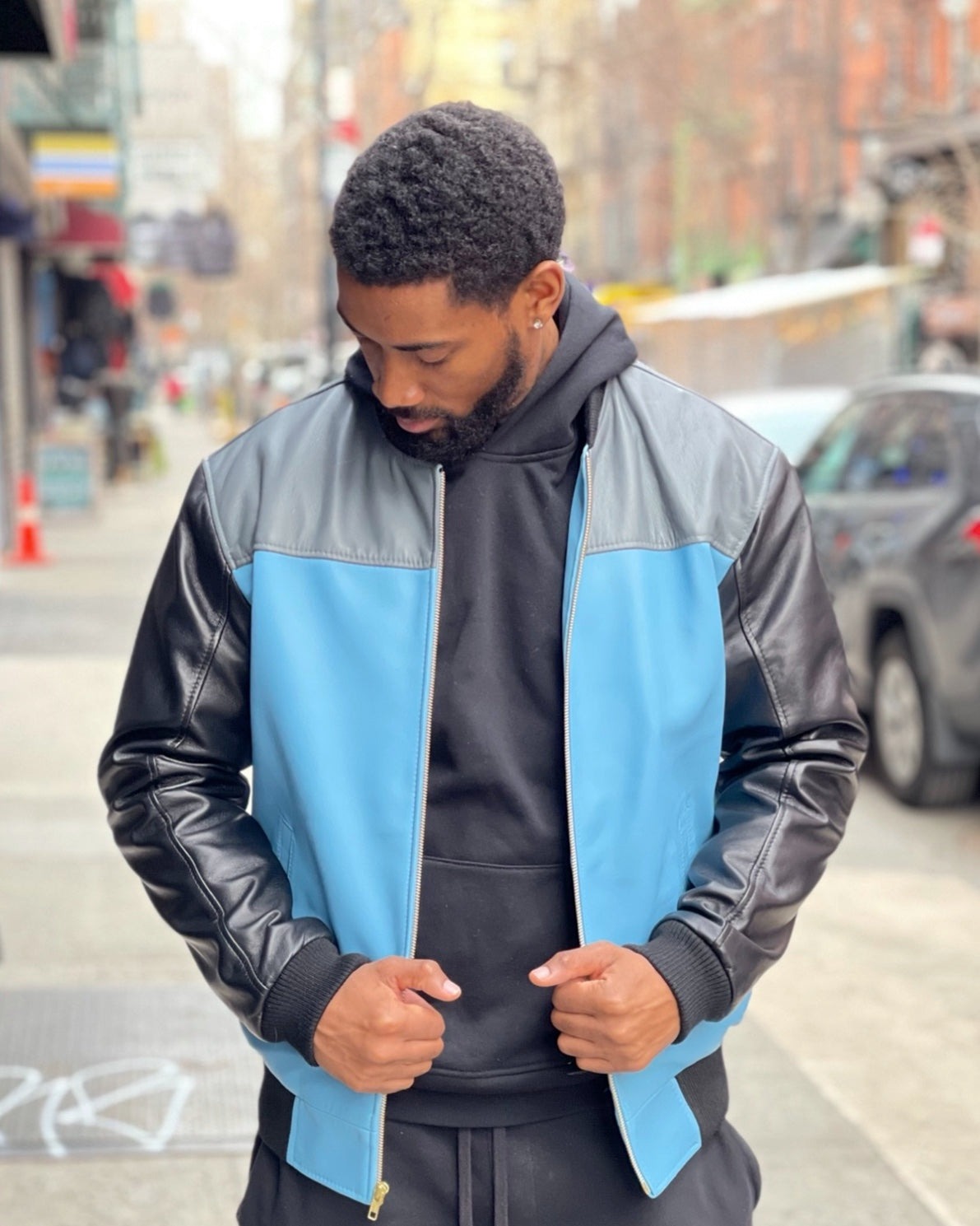 MEN -BASEBALL STYLE JACKET BLACK/BABY BLUE/GREY