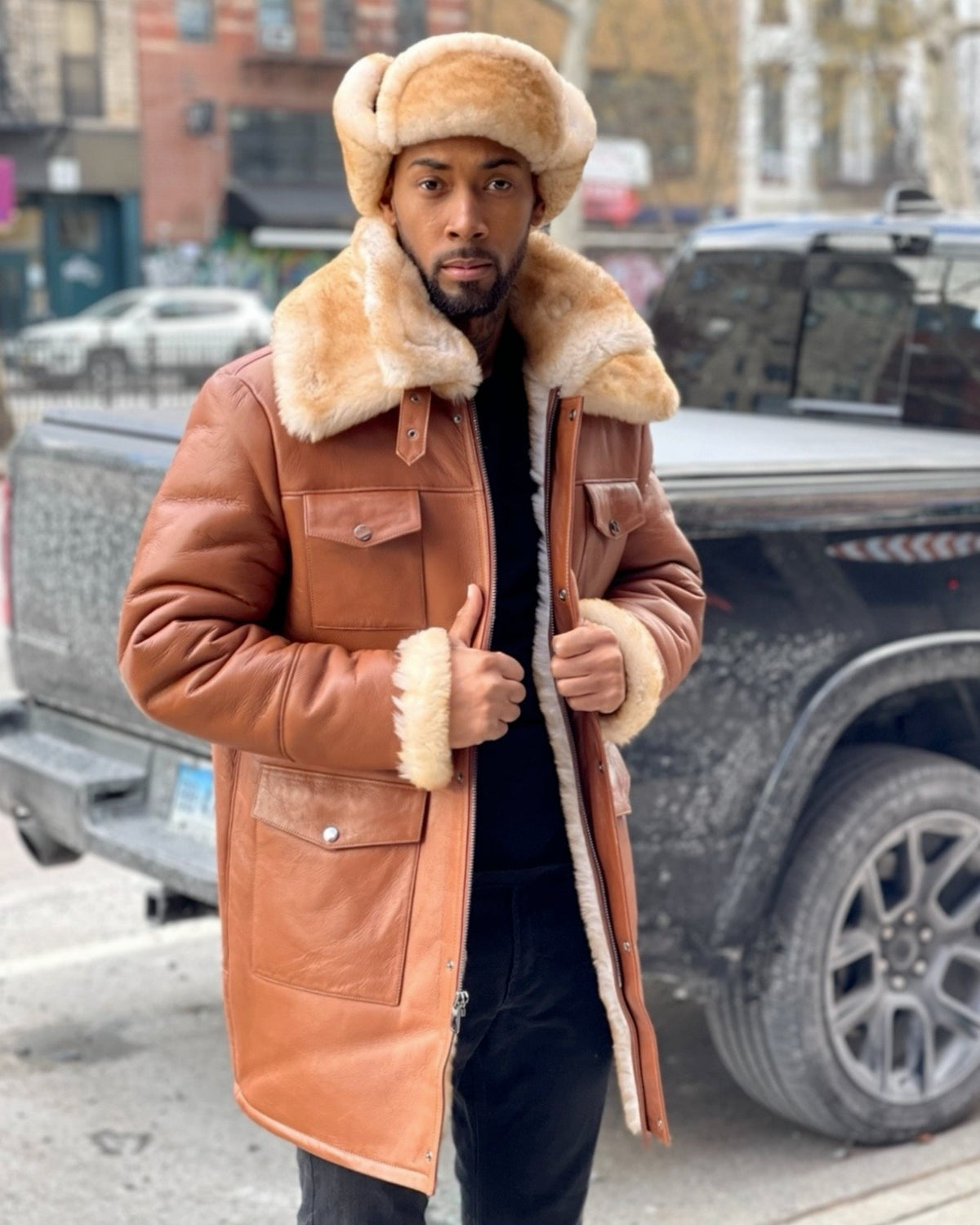 MEN SHEARLING- COGNAC 3/4 TRENCH WITH POCKET