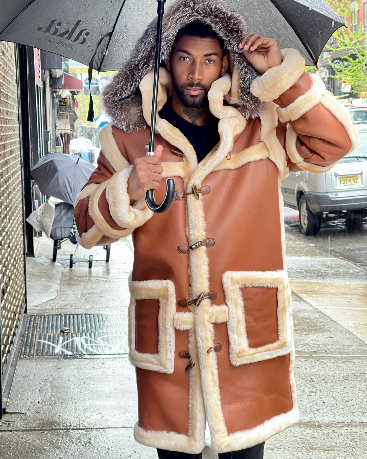 MEN SHEARLING- 3/4 COGNAC WITH FOX FUR HOOD