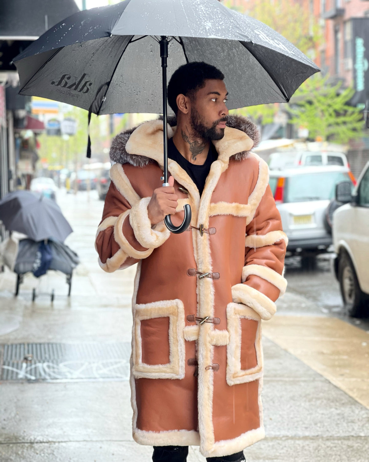 MEN SHEARLING- 3/4 COGNAC WITH FOX FUR HOOD