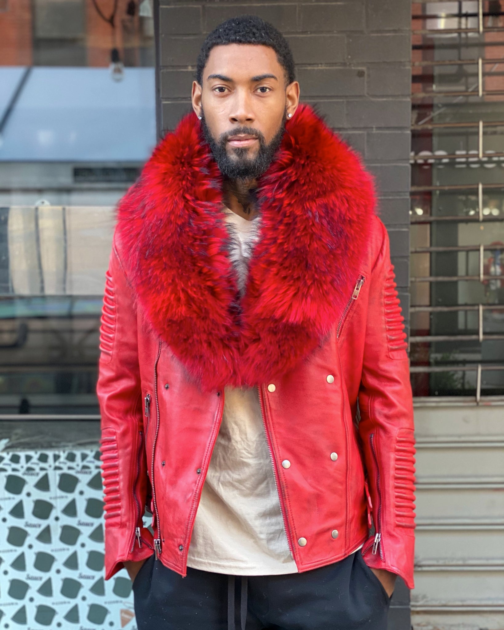 MEN BIKER RIBBLES- DISTRESSED RED WITH RED FOX FUR