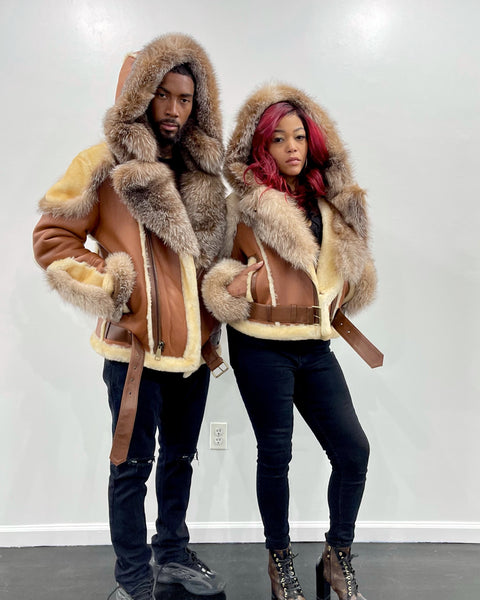 HIS & HERS- COGNAC BIKER SHEARLING WITH CRYSTAL FOX