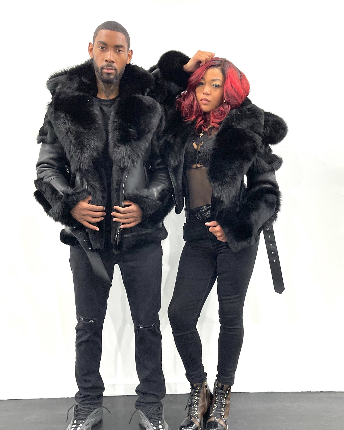 HIS & HERS- BLACK BIKER SHEARLING WITH BLACK FOX
