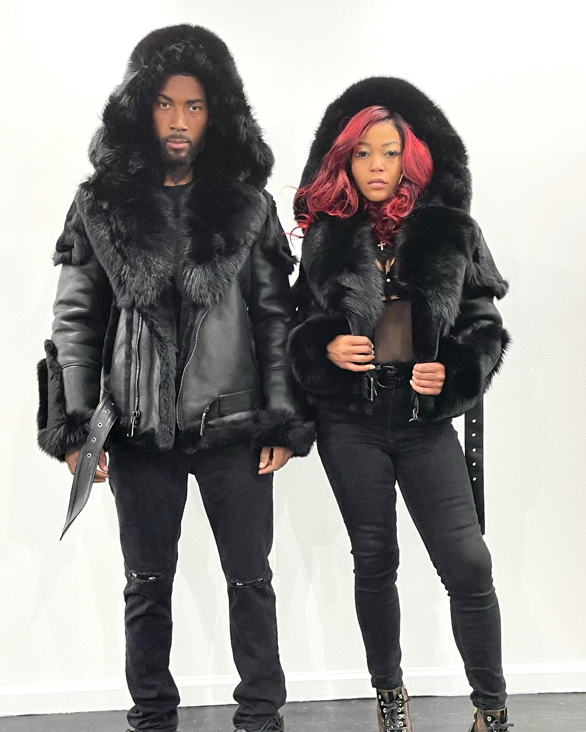 HIS & HERS- BLACK BIKER SHEARLING WITH BLACK FOX