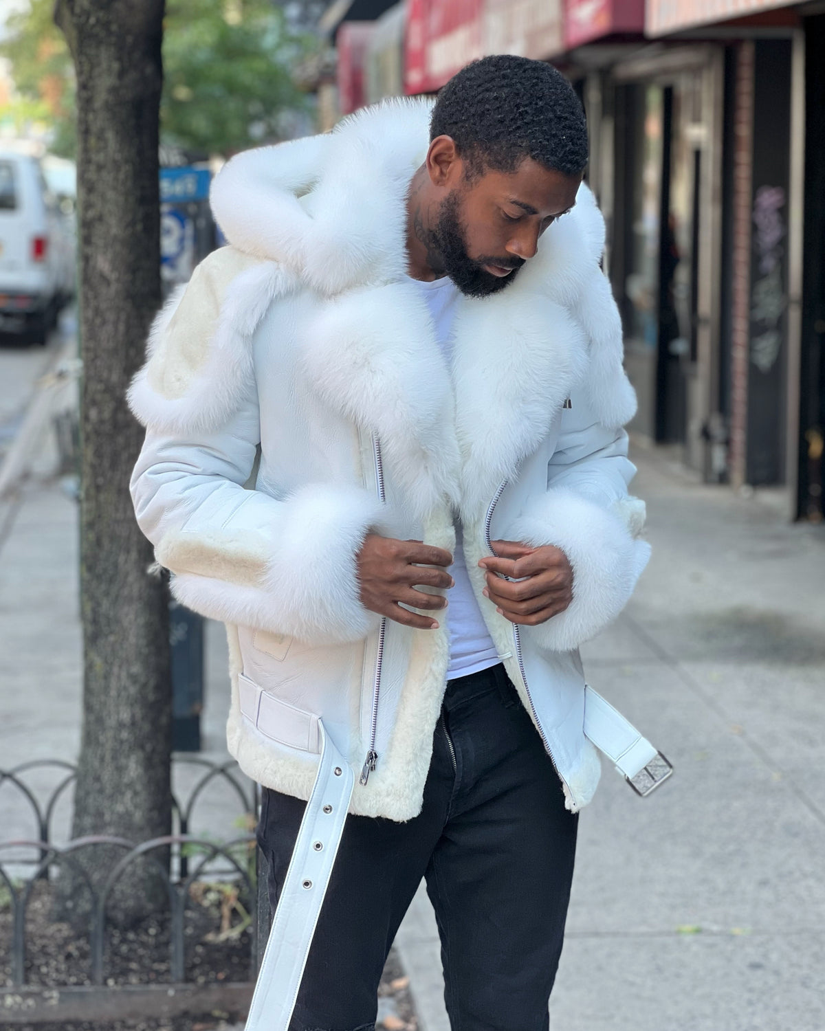 MEN SHEARLING- WHITE BIKER STYLE WITH WHITE FOX FUR & HOOD