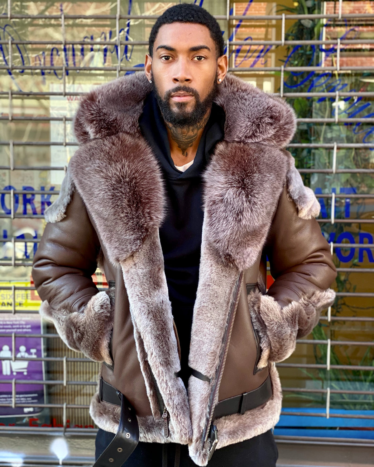 MEN SHEARLING- BROWN BIKER STYLE WITH BROWN FOX FUR & HOOD
