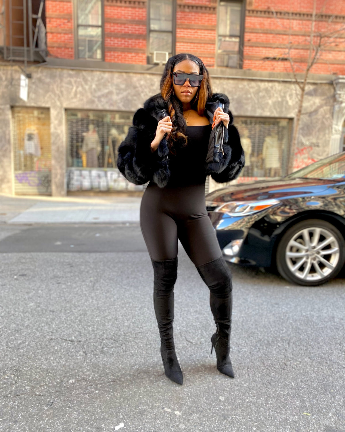 WOMEN CROP TOP-  BLACK FOX FUR WITH HOOD