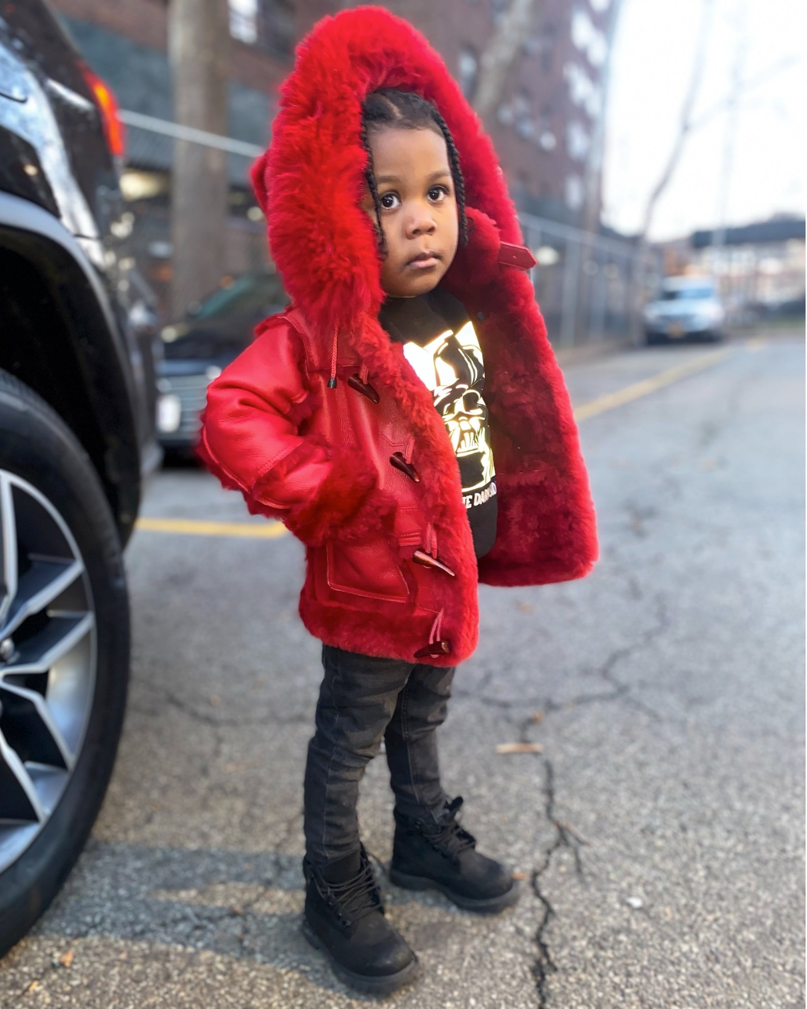 KIDS- RED 3/4 SHEARLING WITH RED FOX FUR HOOD