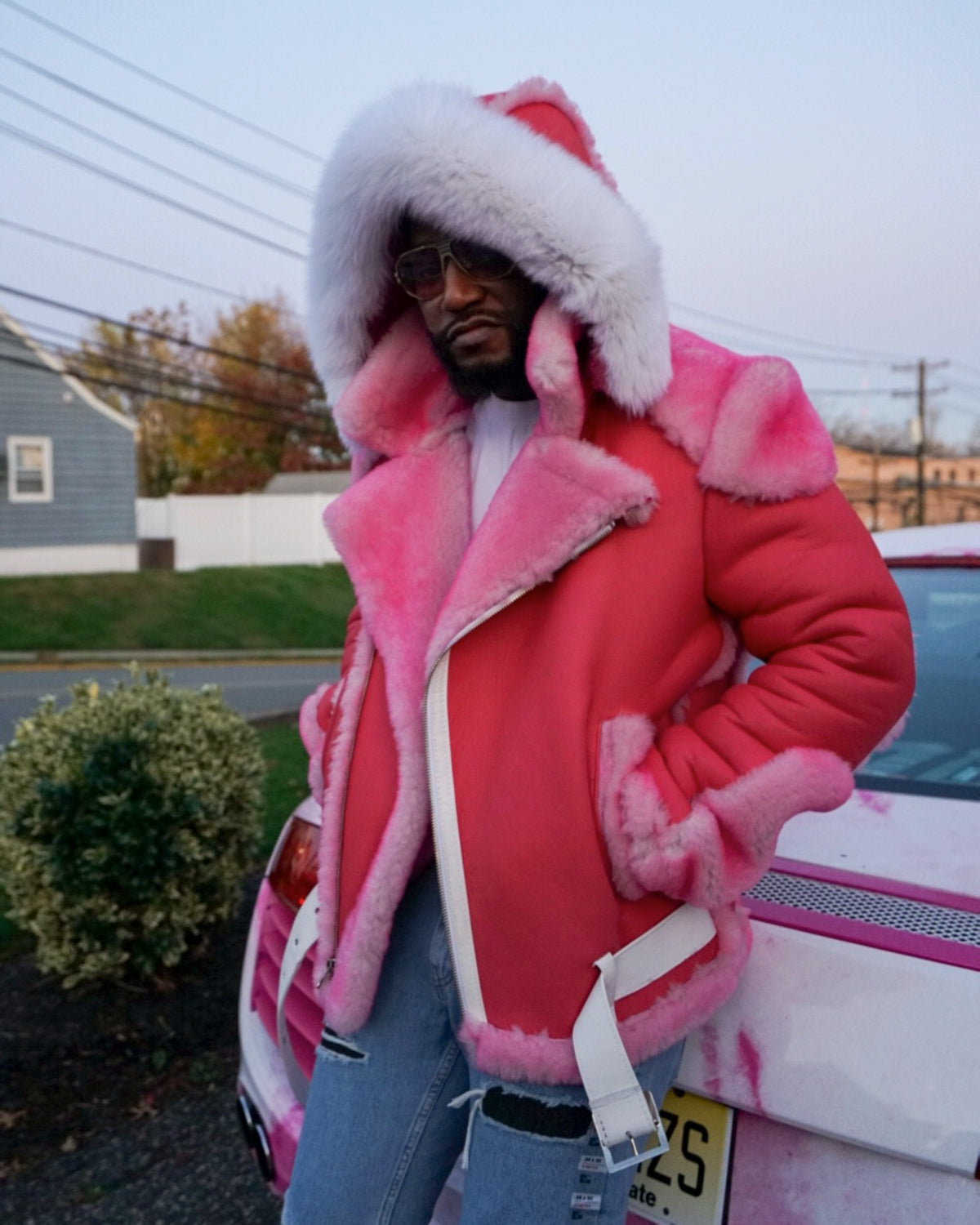 MEN SHEARLING- CAMRON PINK BIKER STYLE WITH WHITE FOX HOOD