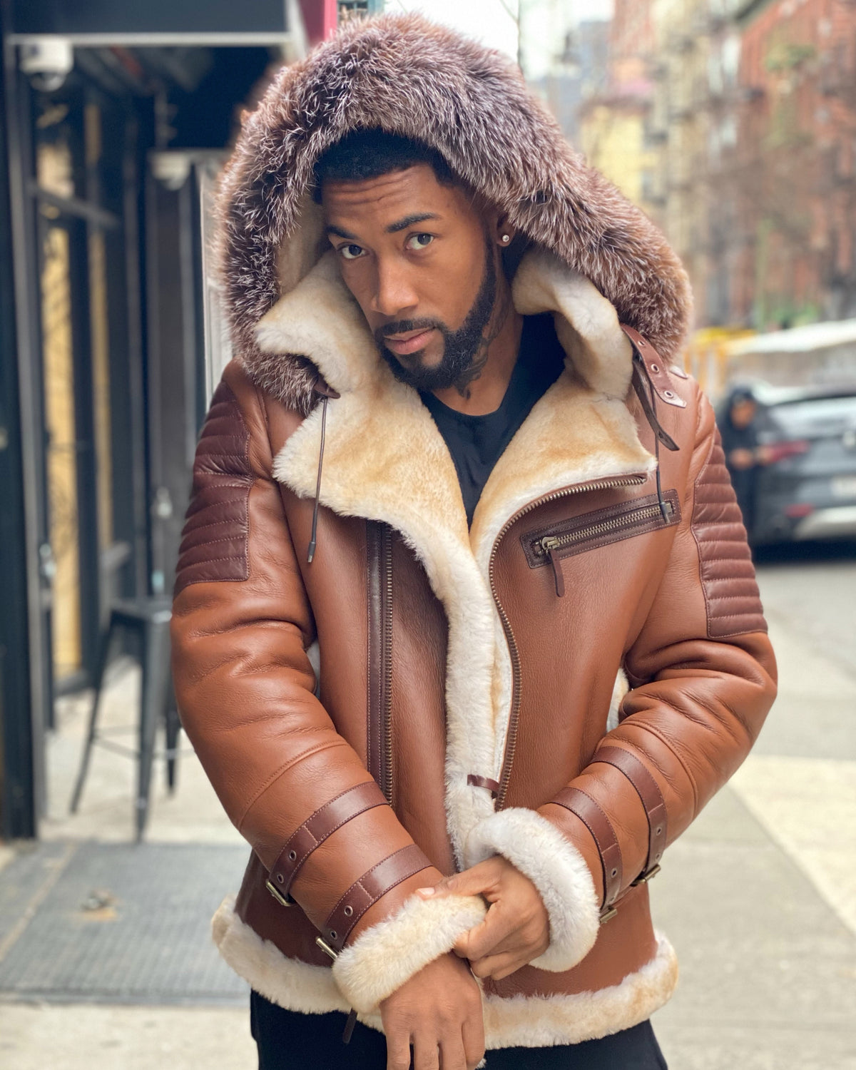 MEN SHEARLING-  TAN RIBBLES SHEARLING WITH FOX HOOD