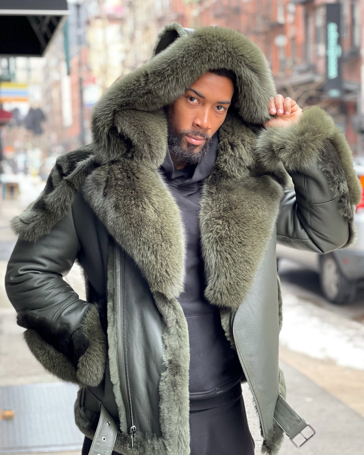 MEN SHEARLING- OLIVE GREEN BIKER STYLE WITH FOX FUR