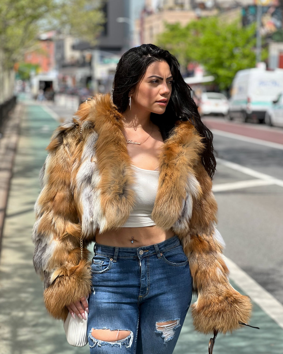 WOMEN -  NATURAL RED FOX BOMBER WITH HOOD