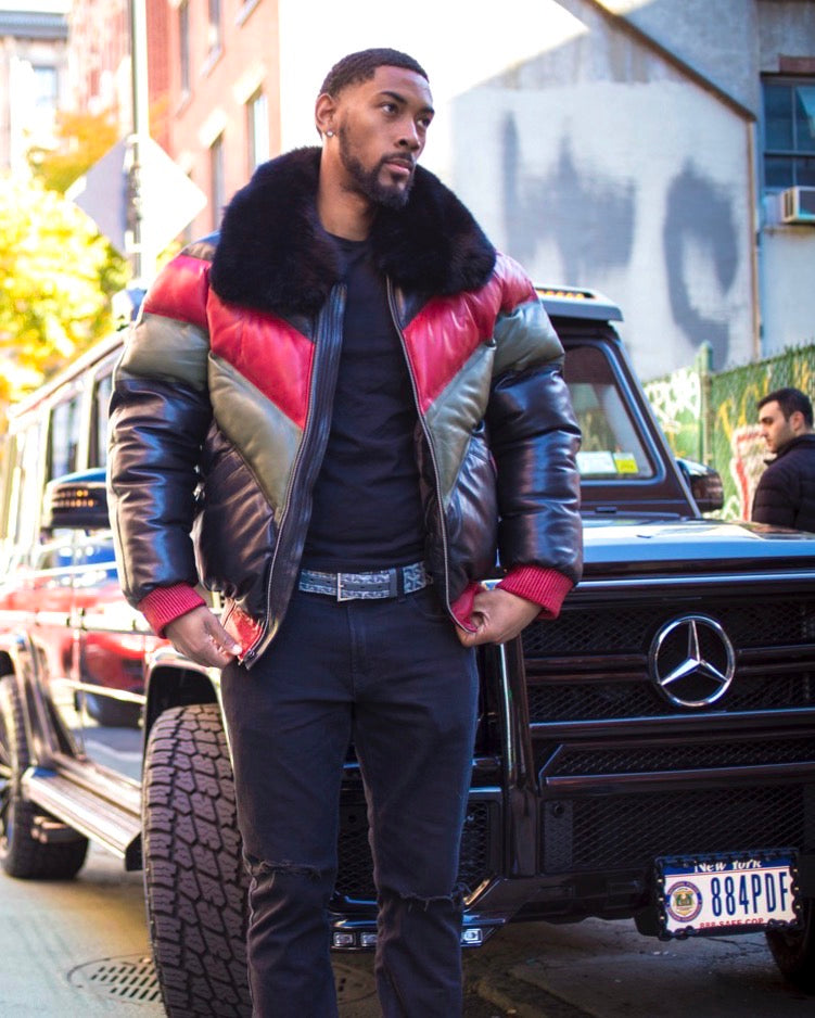 MEN V BOMBER- MULTI COLOR RED/GREEN/NAVY BLUE