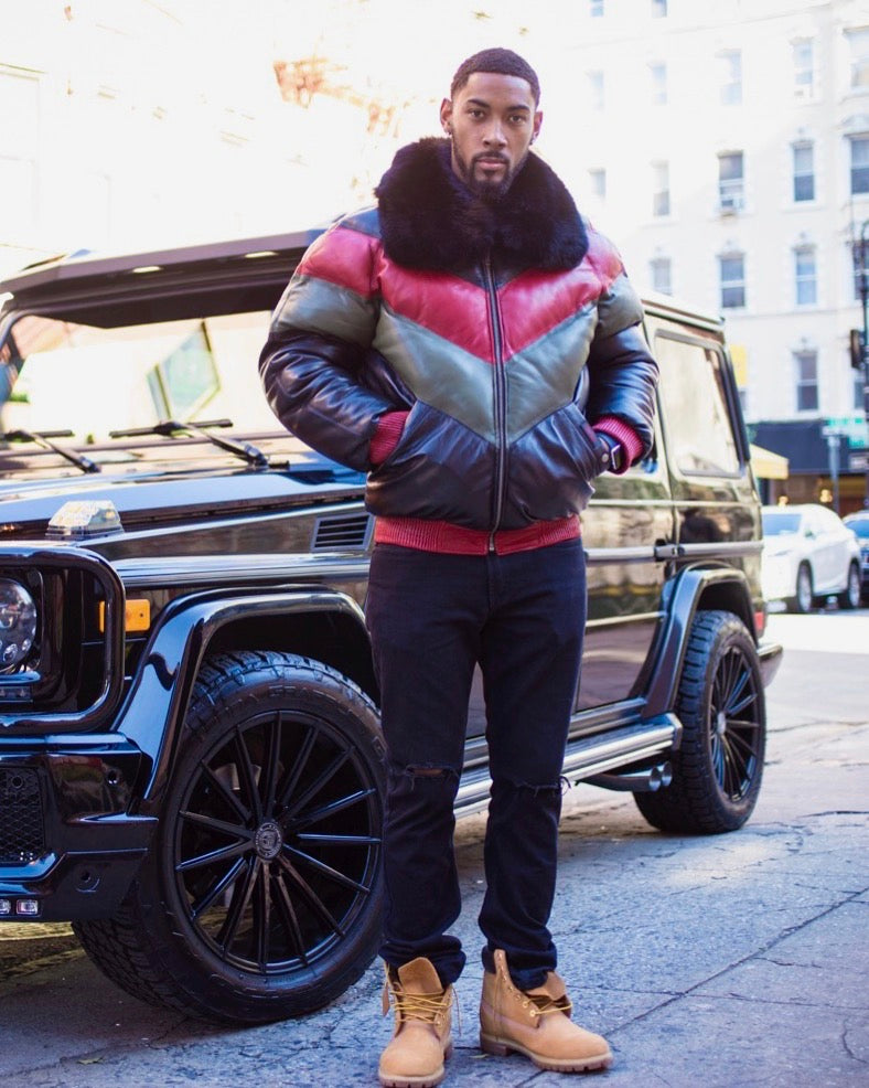 MEN V BOMBER- MULTI COLOR RED/GREEN/NAVY BLUE