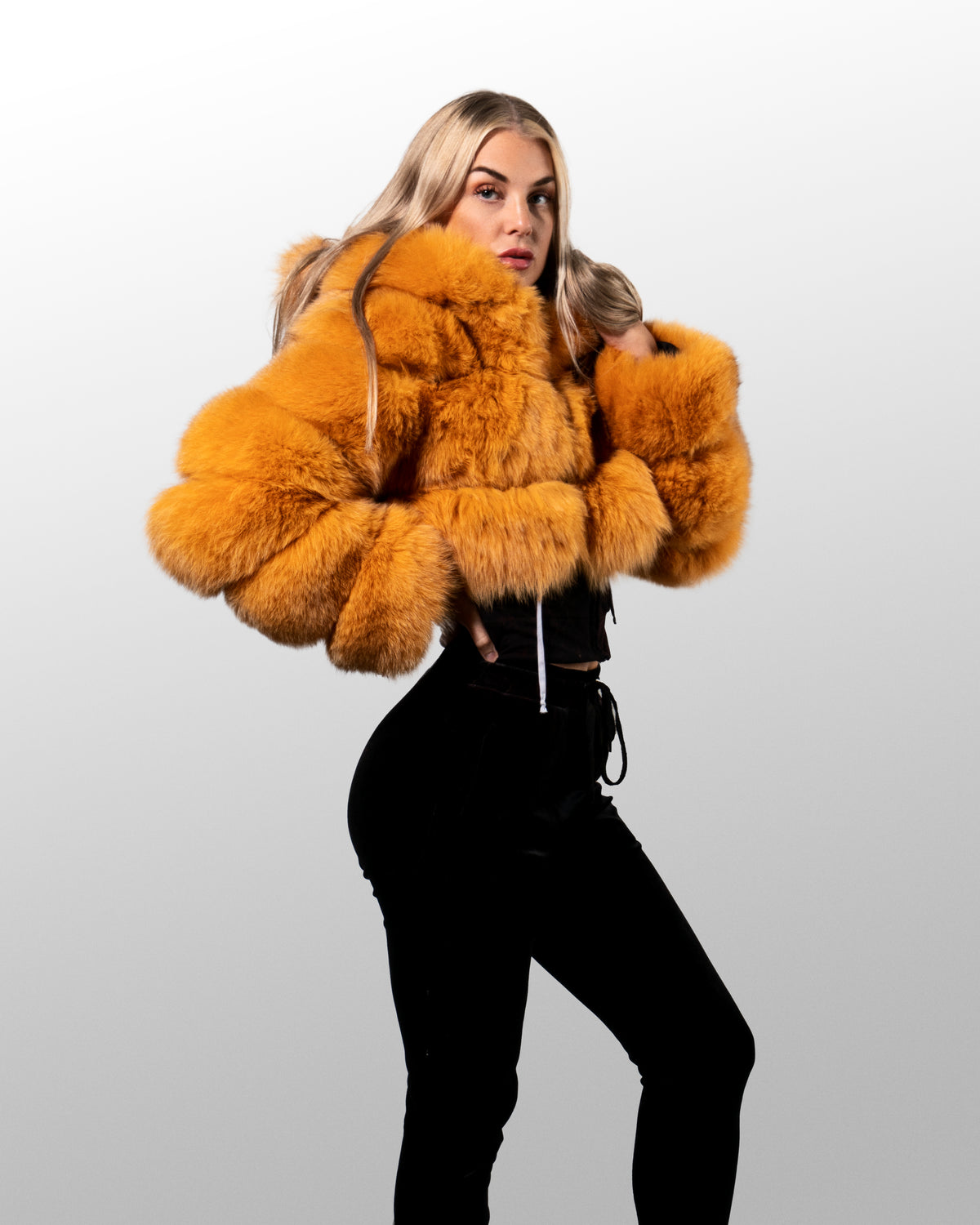 WOMEN CROP TOP- YELLOW FOX FUR WITH HOOD