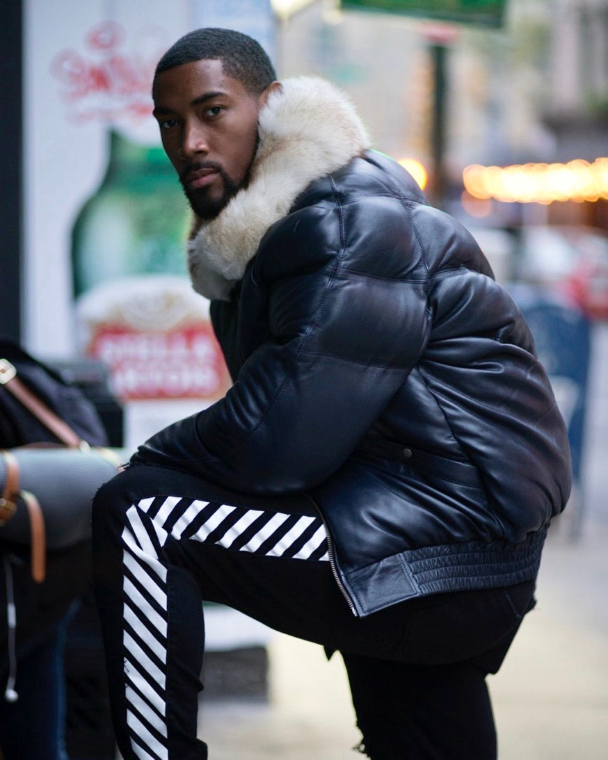 MEN V BOMBER- NAVY BLUE (OFF WHITE FUR) – DaRucci Leather