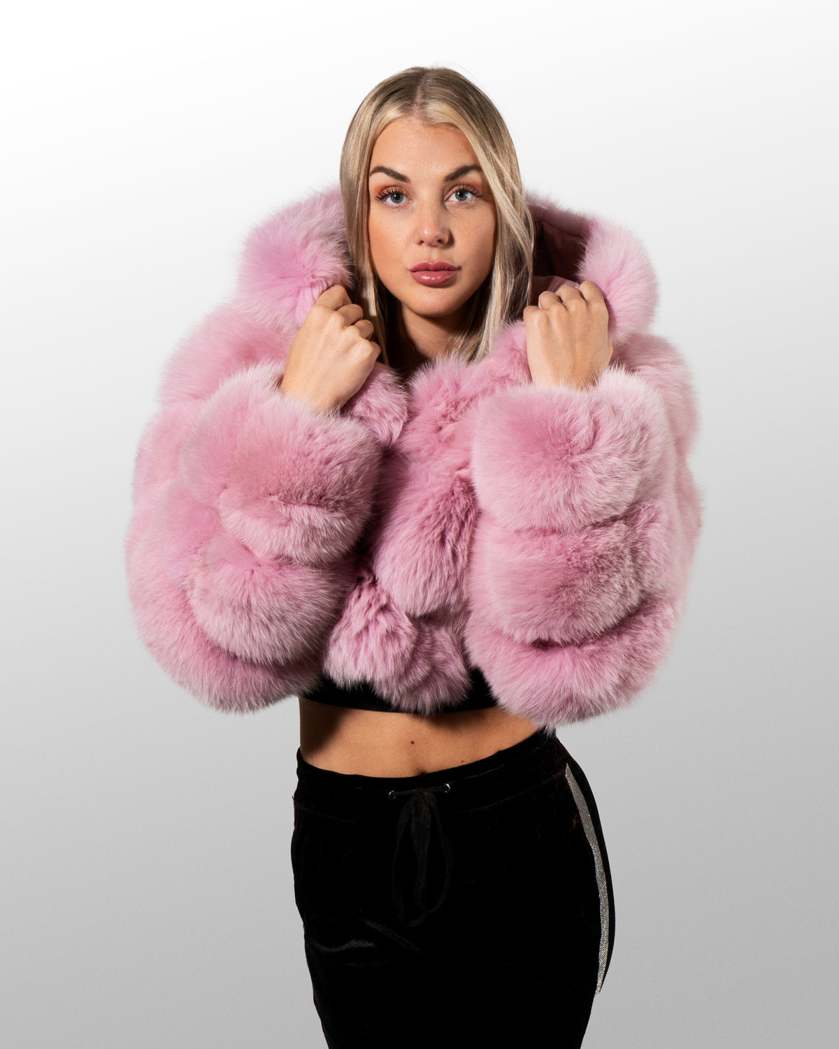 WOMEN CROP TOP- PINK FOX FUR WITH HOOD