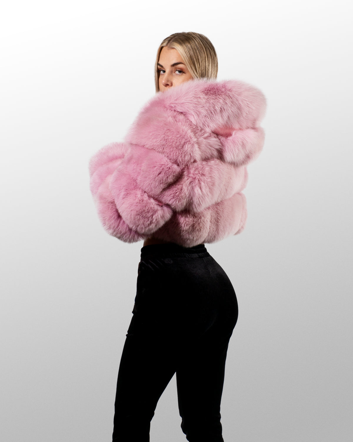 WOMEN CROP TOP- PINK FOX FUR WITH HOOD